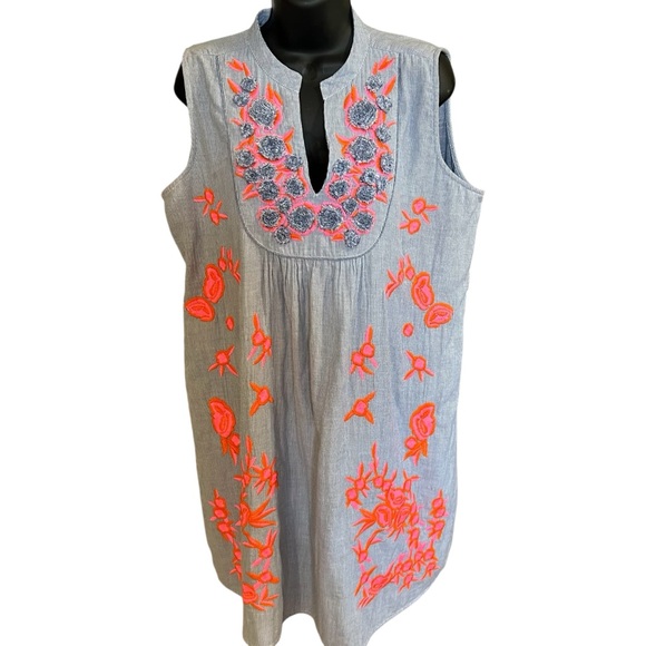 Anthropologie Uncle Frank Large Pin Stripe V Neck Embroidered Sleeveless Dress - Picture 3 of 12